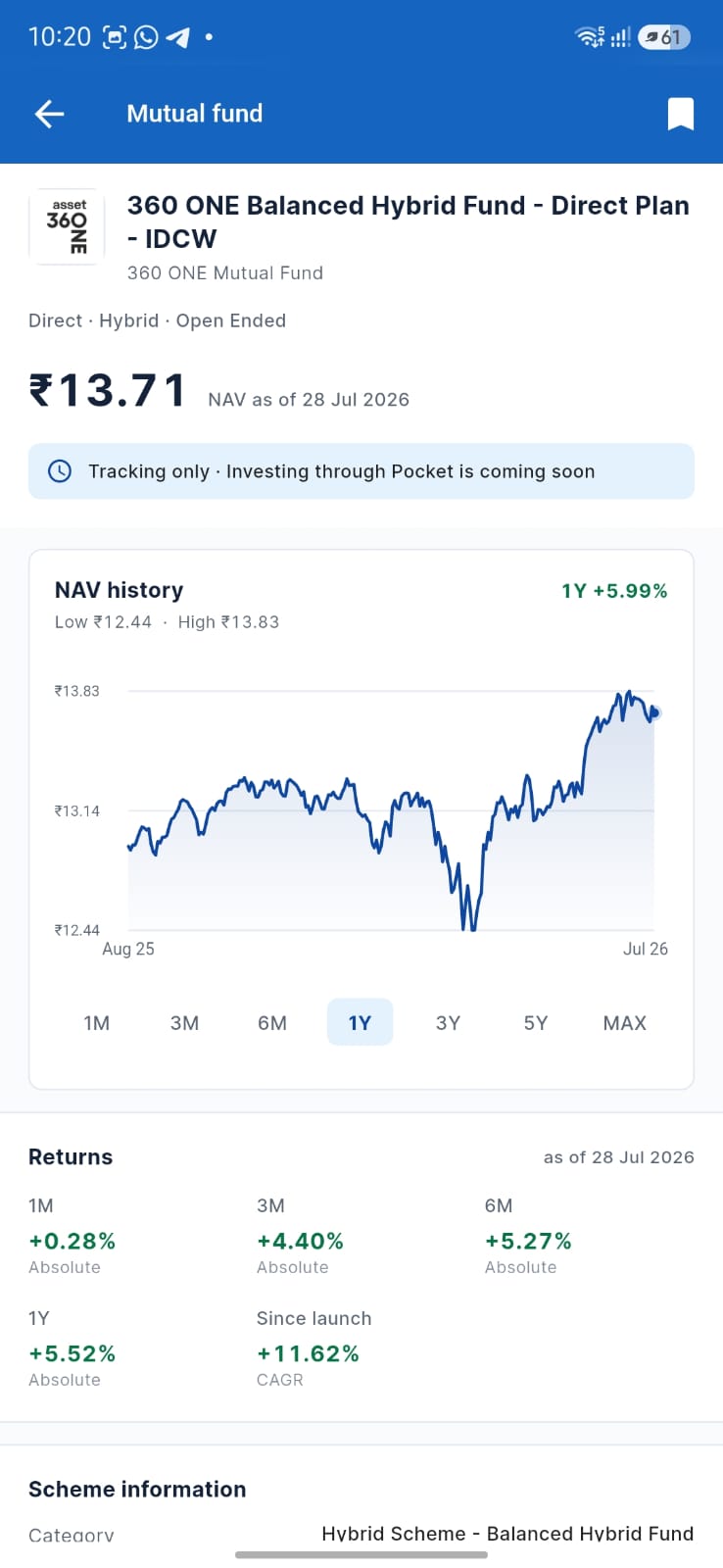 Pocket app mutual fund detail with NAV history, returns and scheme information