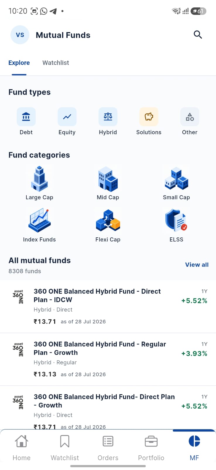 Pocket app mutual funds explorer with fund types, categories and available schemes
