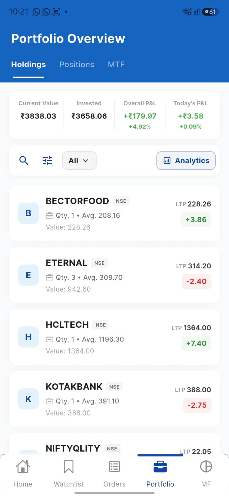 Pocket app portfolio overview showing holdings, invested value and profit and loss
